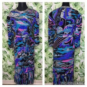 Judith Ann Creations Silk Beaded Flounce Cocktail Dress 80’s Sequined Vintage XS